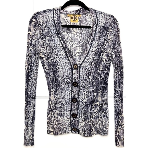 TORY BURCH Linen‎ Knit Snakeskin Print Lightweight Button Up Cardigan Sweater XS - Picture 3 of 7